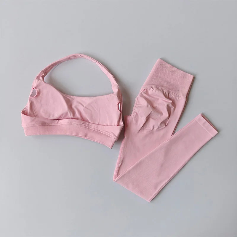 Traje de Yoga sin costuras para mujer, Sujetador deportivo con espalda de belleza, lencería, glúteos de melocotón, mallas de cintura alta para Fitness, traje de Yoga para gimnasio, conjunto de Pilates