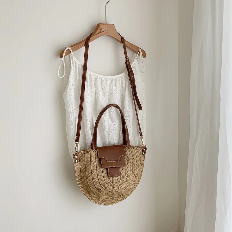Round Straw Tote Bag Women Fashion Woven Bags Retro Hobo Boho Style Casual Shoulder Bags Summer Beach Bag Sac A Main