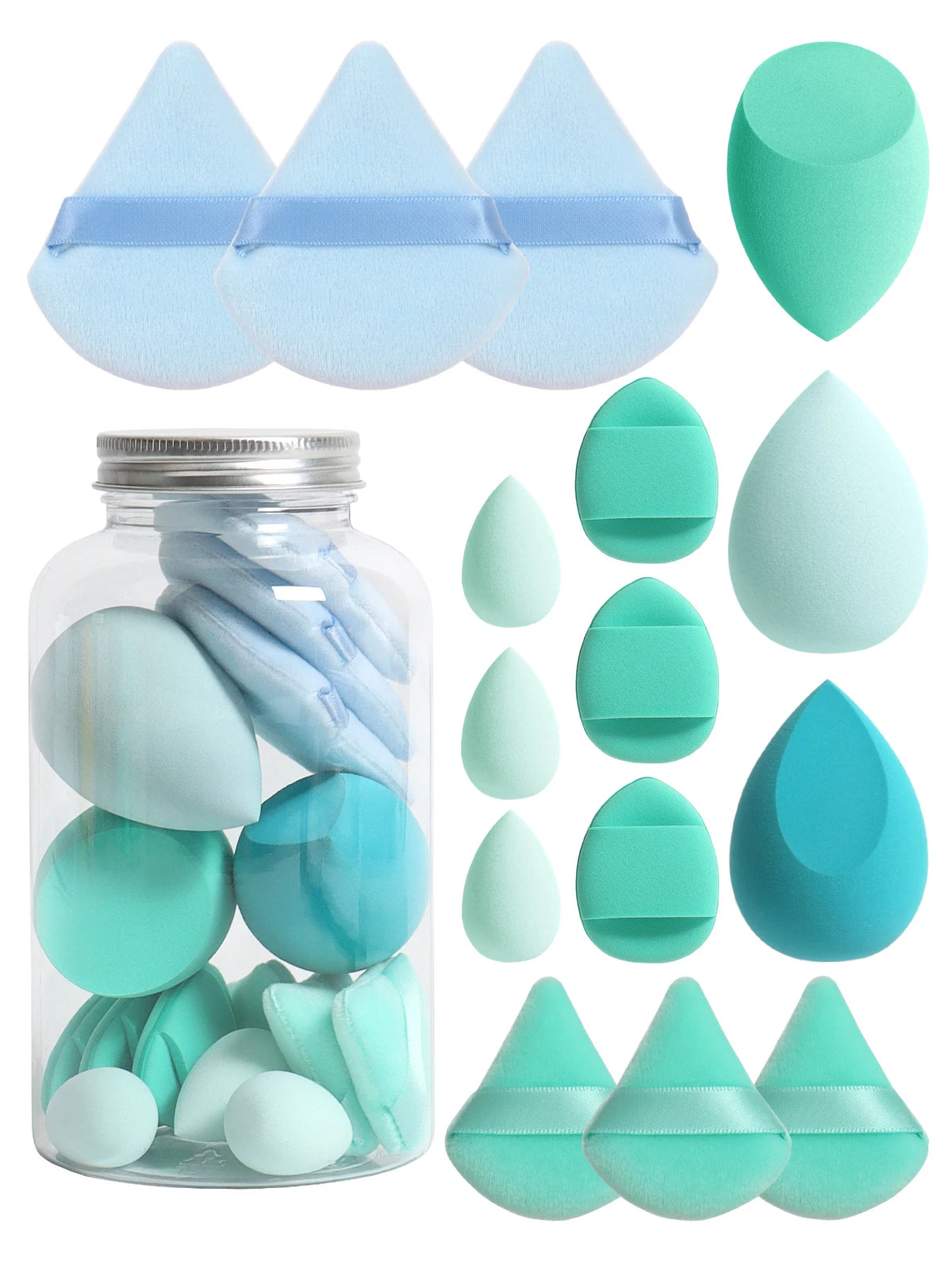Primavera 15 latas, 3 esponjas para polvos sueltos y 3 mini esponjas para polvos sueltos y 3 mini huevos de maquillaje y 3 mini esponjas con cojín de aire, mezcla de bases