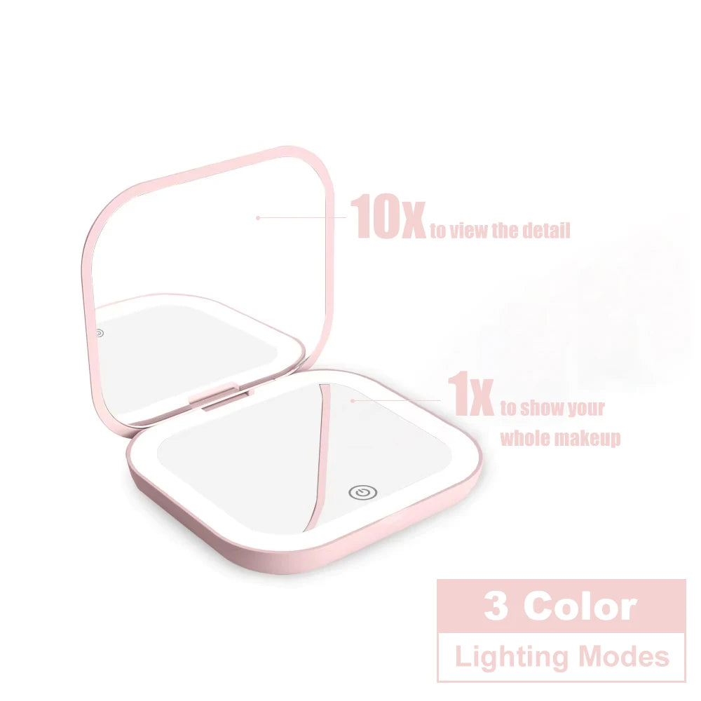 Espejo Compacto con Luces, Aumento 1X/2X, Espejo de Maquillaje LED Portátil, Plegable, de Bolsillo, para Viaje, Regalo o Bolso