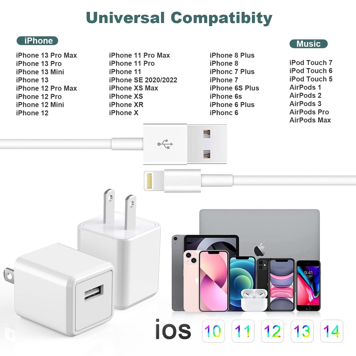 iPhone Charger,Cube iPhone Charger Travel 2Pack 6FT Lightning Cable Cord Quick Fast Charging Cord USB Wall Chargers Travel Plug Adapter for iPhone 14/13/12/11/10/X/8 Plus/XR/XS Max/7/SE/iPad,Airpods