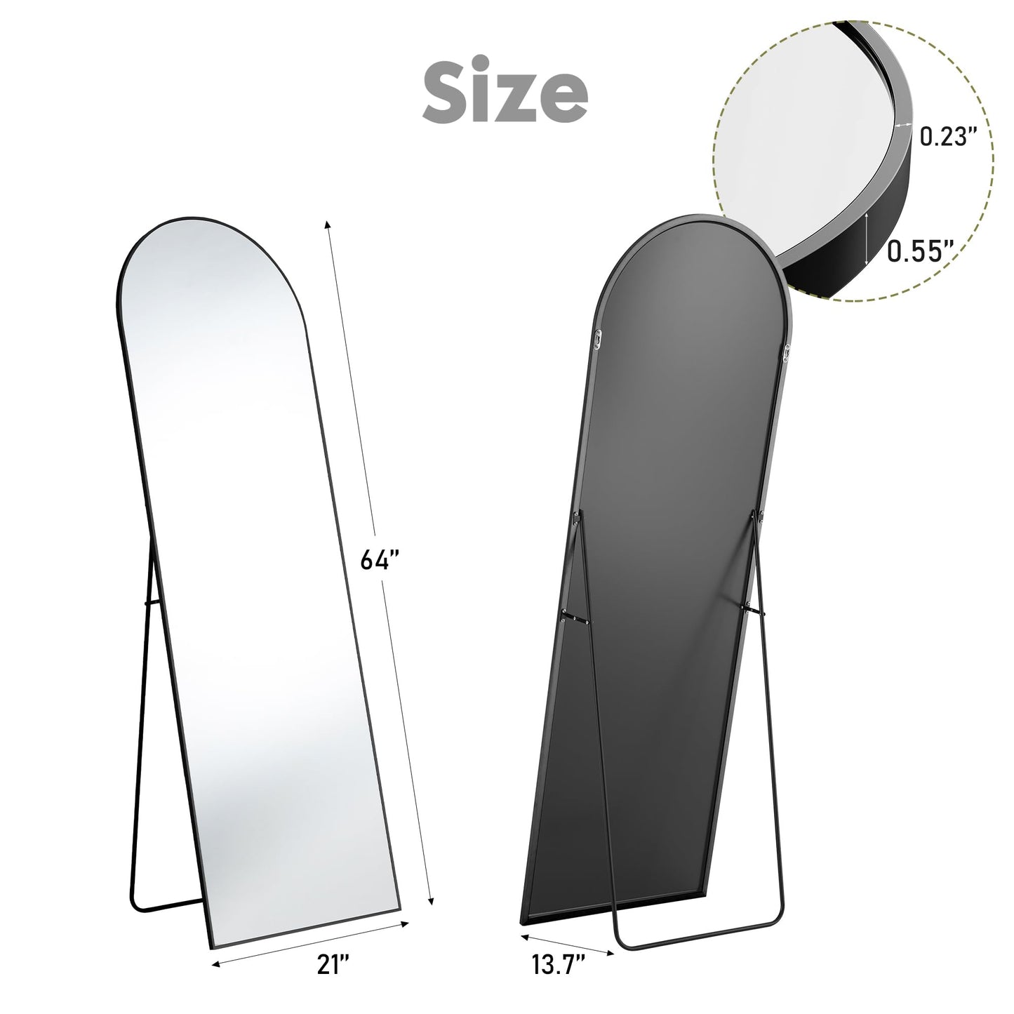 Full Length Mirror - Standing or Leaning Full Body Mirror with Aluminum Alloy Thin Frame, Suitable for Bedroom or Cloakroom,Black