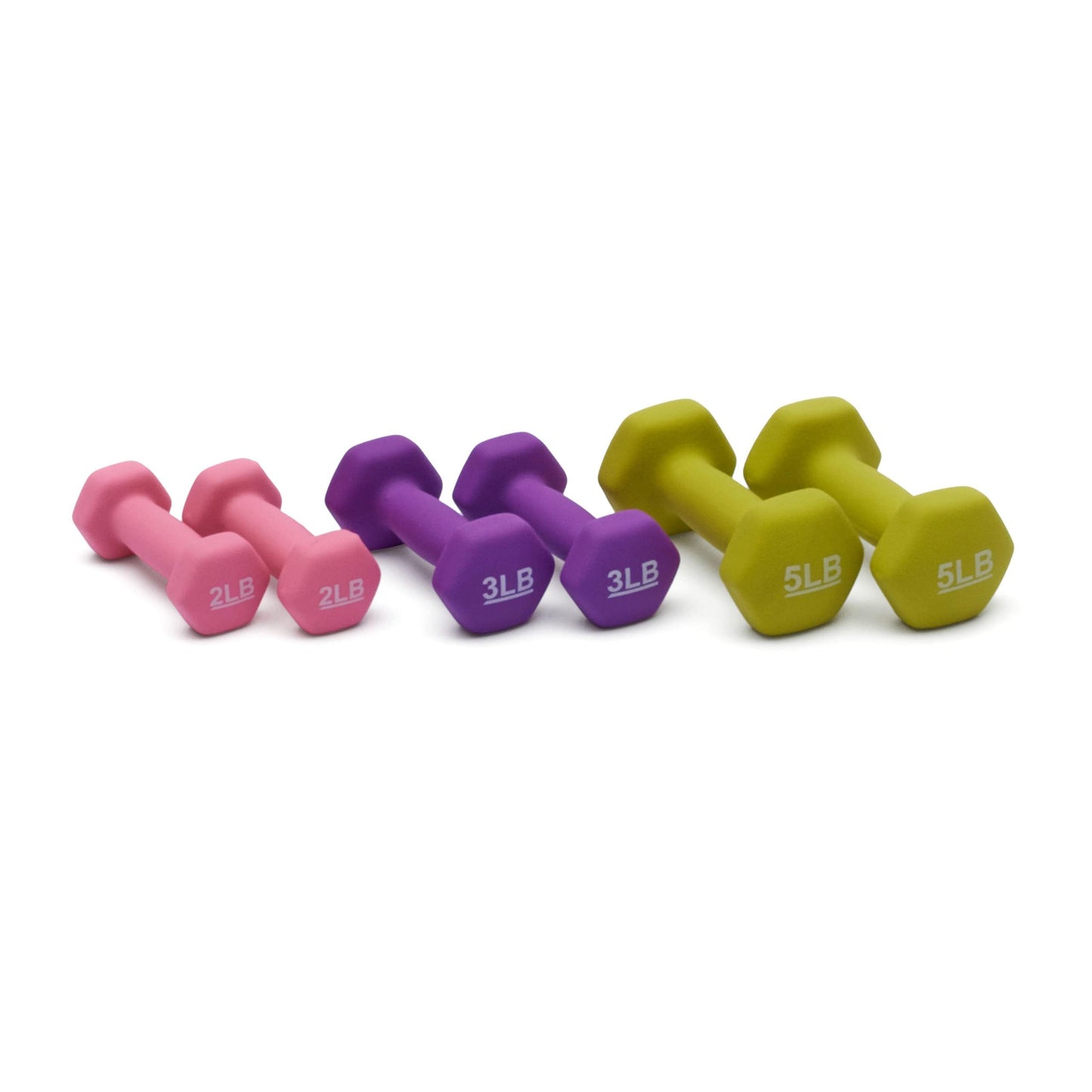 Amazon Basics Neoprene Dumbbell Hand Weights, Rack with 3 Pairs (2, 3, and 5 pound), Pink/Purple/Green