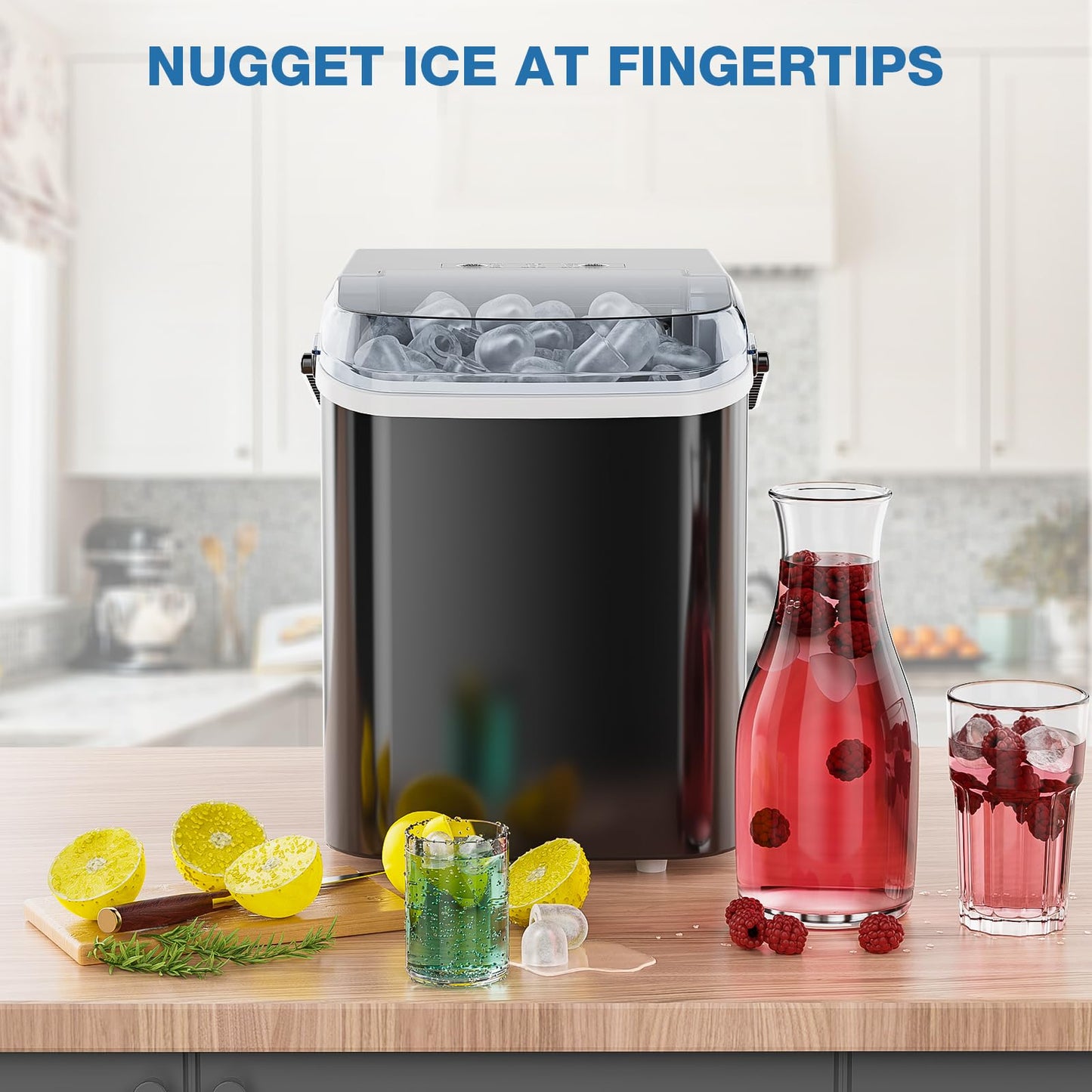 Sweetcrispy Countertop Ice Maker Machine, Portable Self-Cleaning Ice Machine with Ice Scoop, Basket and Handle, 9 Cubes in 6 Mins, 26.5lbs/24Hrs, 2 Sizes of Bullet Ice for Home Kitchen, Coal Black