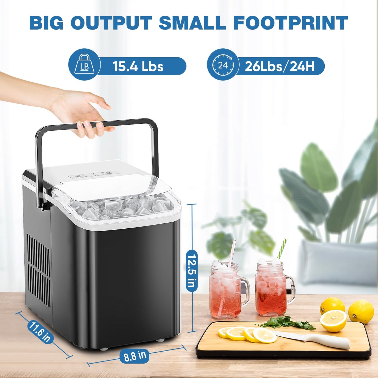 Sweetcrispy Countertop Ice Maker Machine, Portable Self-Cleaning Ice Machine with Ice Scoop, Basket and Handle, 9 Cubes in 6 Mins, 26.5lbs/24Hrs, 2 Sizes of Bullet Ice for Home Kitchen, Coal Black