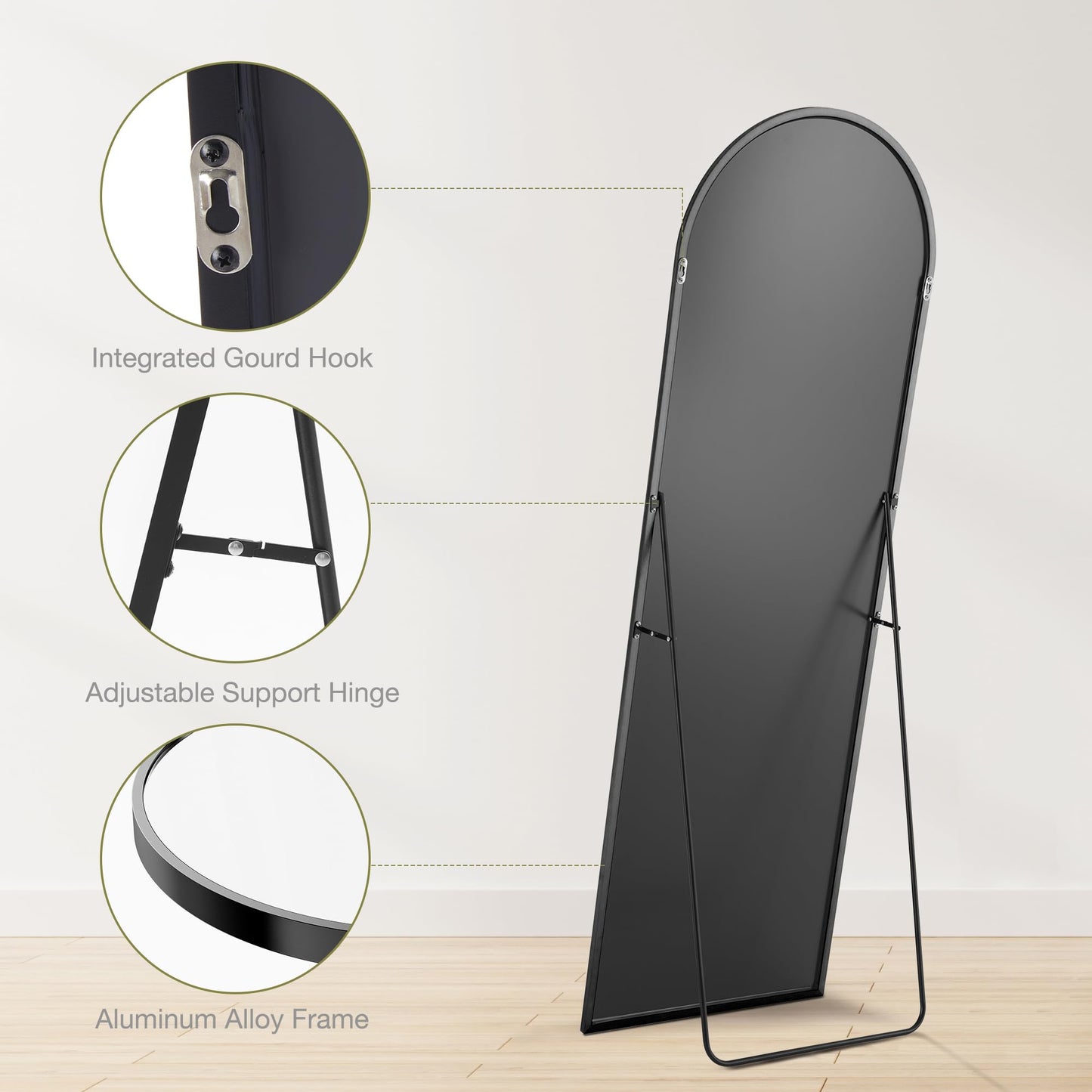 Full Length Mirror - Standing or Leaning Full Body Mirror with Aluminum Alloy Thin Frame, Suitable for Bedroom or Cloakroom,Black