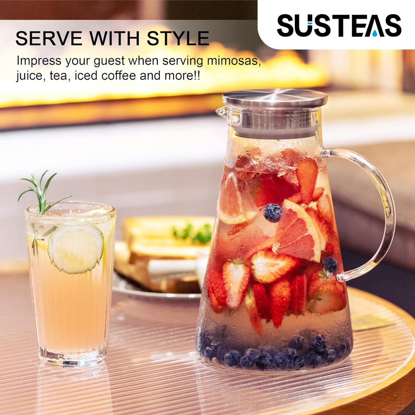 SUSTEAS 2.0 Liter 68oz Glass Pitcher with Lid, Easy Clean Heat Resistant Glass Water Carafe with Handle for Hot/Cold Beverages - Water, Cold Brew, Iced Tea & Juice, With 1 Long-Handled Brush Included