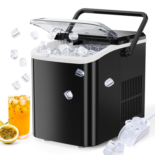 Sweetcrispy Countertop Ice Maker Machine, Portable Self-Cleaning Ice Machine with Ice Scoop, Basket and Handle, 9 Cubes in 6 Mins, 26.5lbs/24Hrs, 2 Sizes of Bullet Ice for Home Kitchen, Coal Black