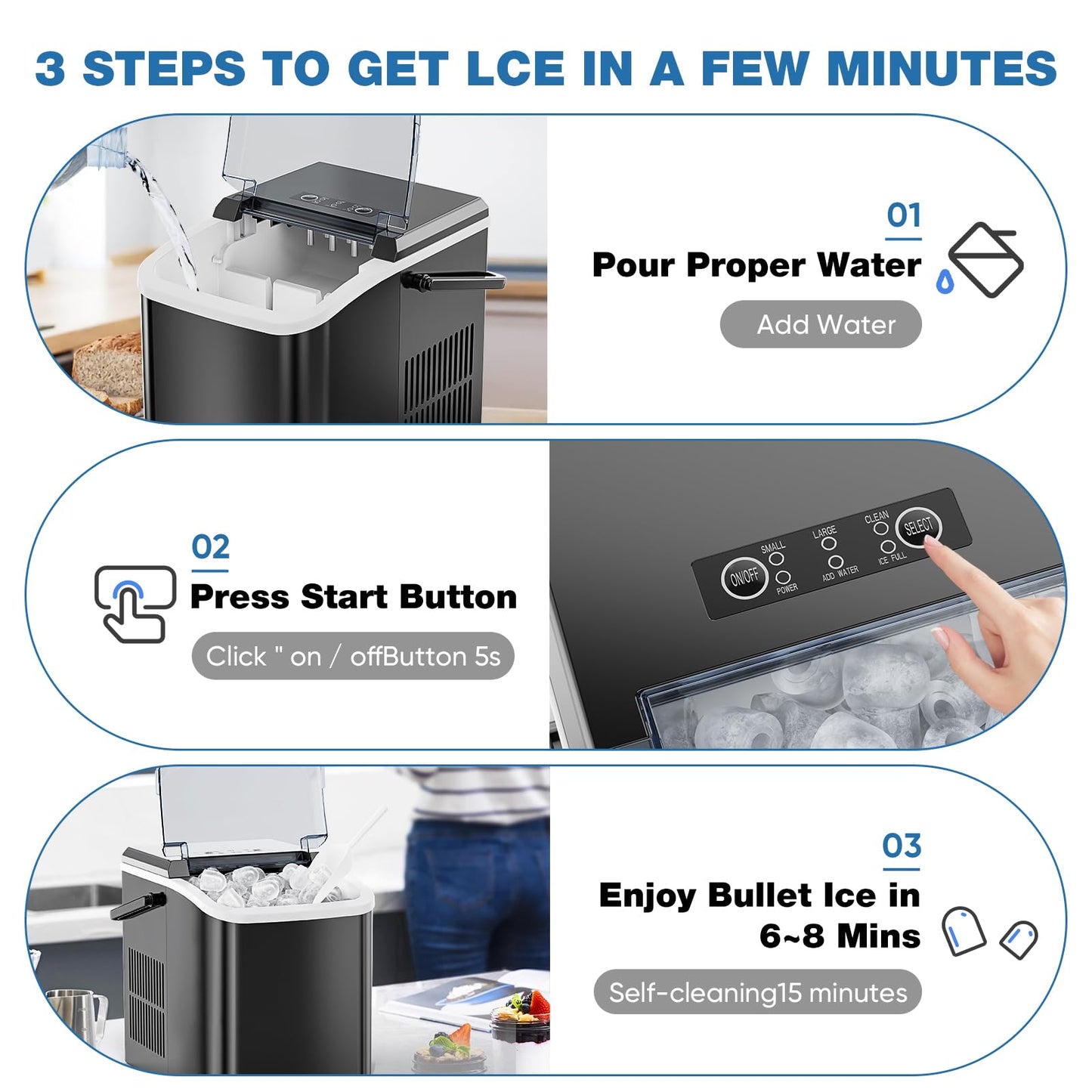 Sweetcrispy Countertop Ice Maker Machine, Portable Self-Cleaning Ice Machine with Ice Scoop, Basket and Handle, 9 Cubes in 6 Mins, 26.5lbs/24Hrs, 2 Sizes of Bullet Ice for Home Kitchen, Coal Black