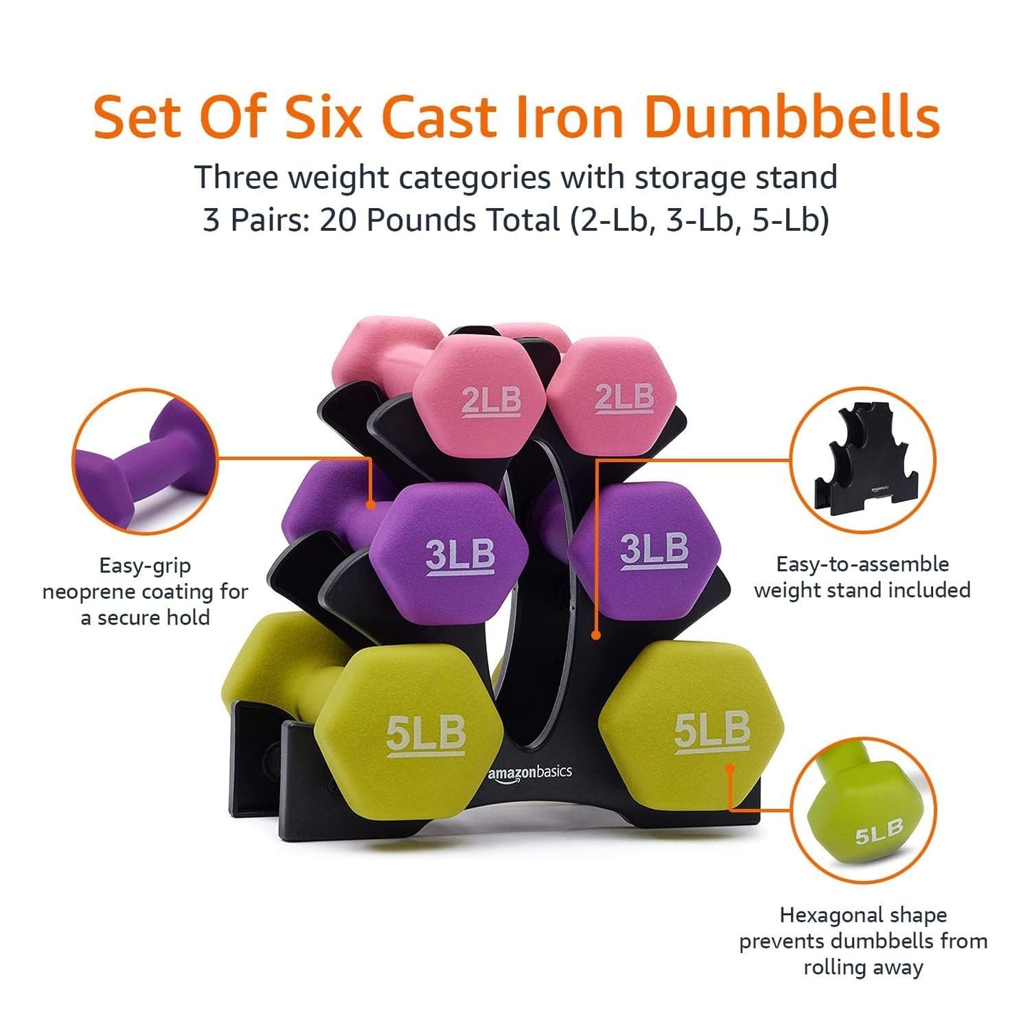 Amazon Basics Neoprene Dumbbell Hand Weights, Rack with 3 Pairs (2, 3, and 5 pound), Pink/Purple/Green