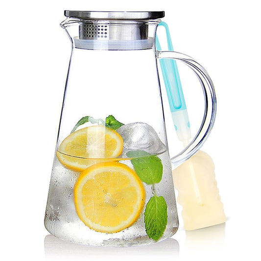 SUSTEAS 2.0 Liter 68oz Glass Pitcher with Lid, Easy Clean Heat Resistant Glass Water Carafe with Handle for Hot/Cold Beverages - Water, Cold Brew, Iced Tea & Juice, With 1 Long-Handled Brush Included