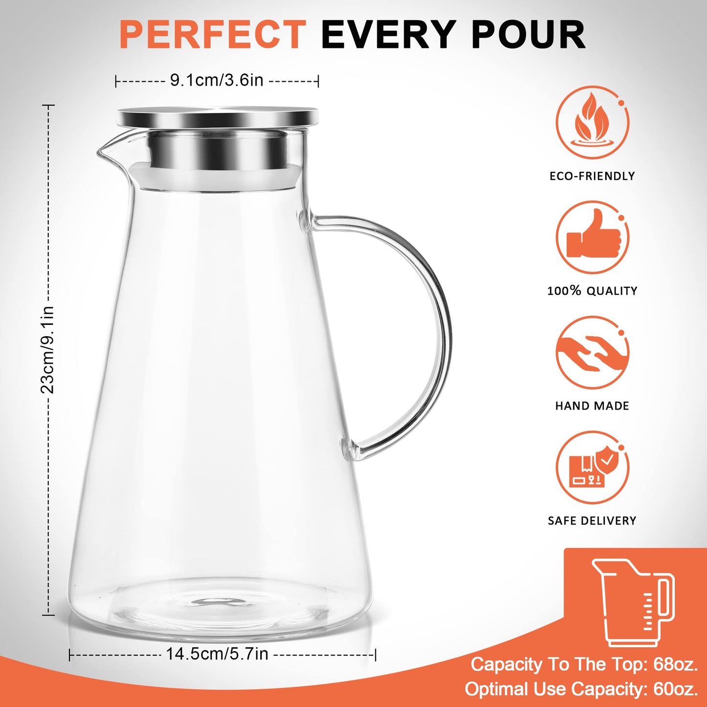 SUSTEAS 2.0 Liter 68oz Glass Pitcher with Lid, Easy Clean Heat Resistant Glass Water Carafe with Handle for Hot/Cold Beverages - Water, Cold Brew, Iced Tea & Juice, With 1 Long-Handled Brush Included