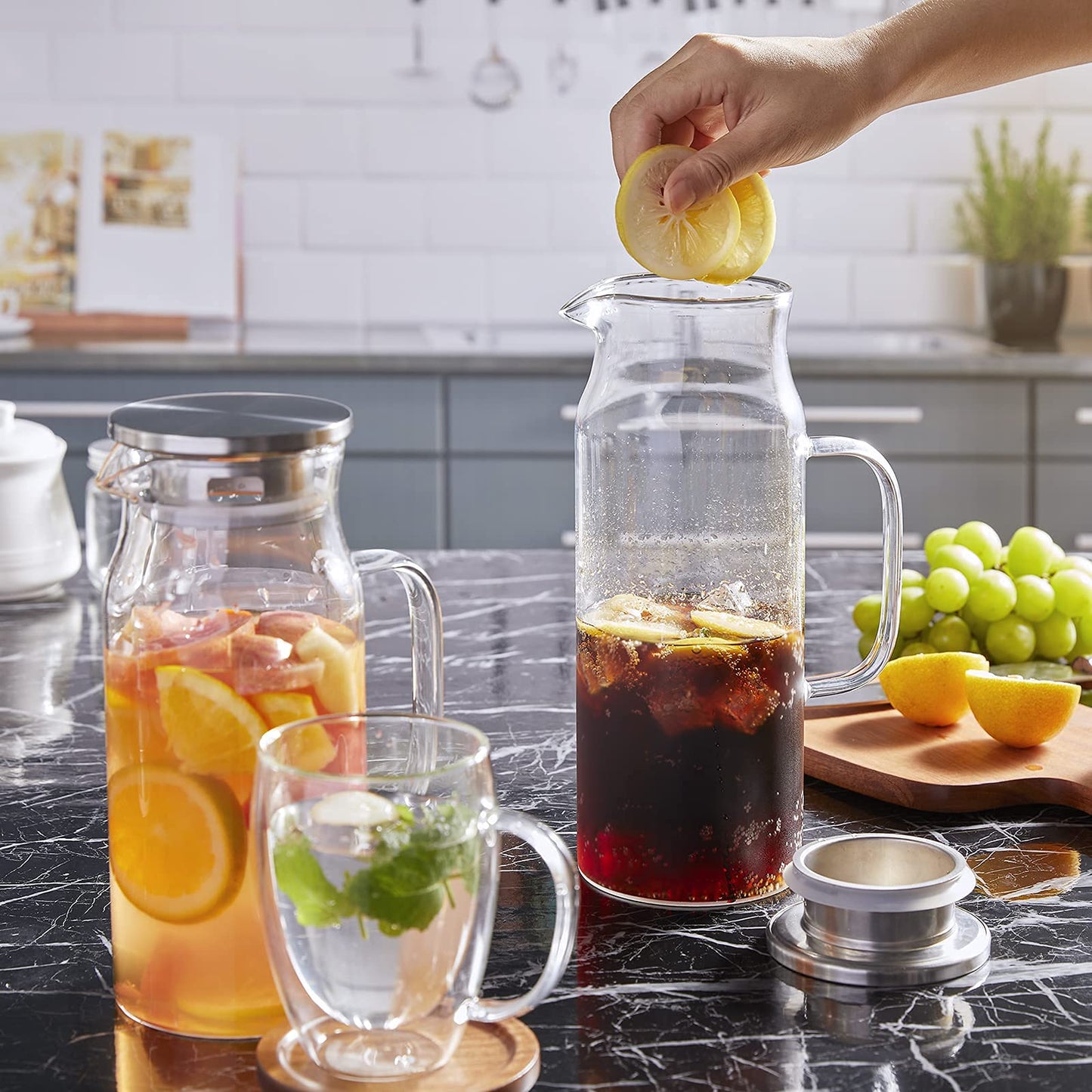 Glass Pitcher with Lid and Spout, Bivvclaz Glass Water Pitcher for Fridge, Glass Carafe for Hot/Cold Water, Iced Tea Pitcher, Small Pitcher for Coffee, Juice and Homemade Beverage