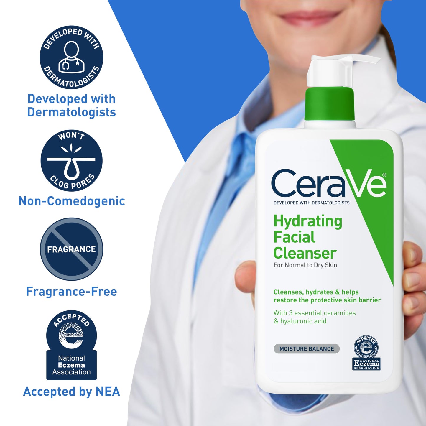 CeraVe Hydrating Facial Cleanser | Moisturizing Face Wash For Dry Skin | Hyaluronic Acid + Ceramides + Glycerin | Hydrating Cleanser For Normal To Dry Skin | National Eczema Association Certified