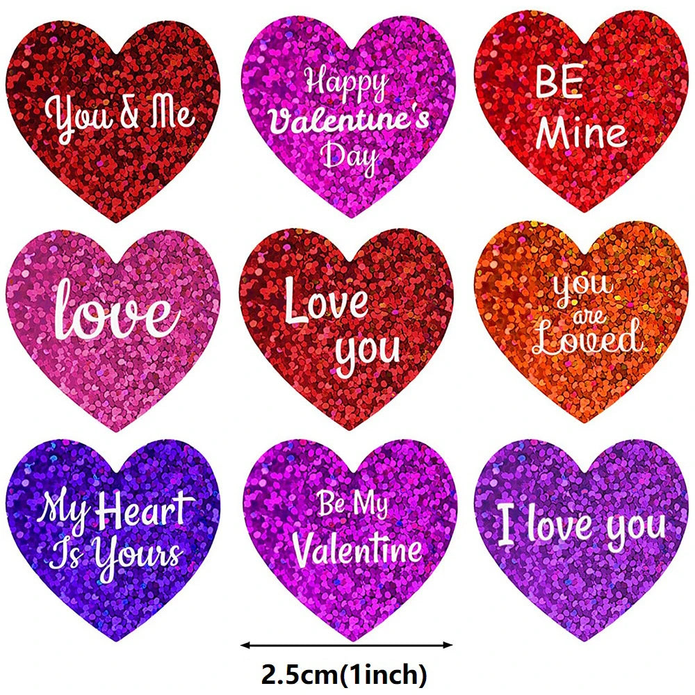 100-500pcs Sparkle Heart Stickers Red Love Scrapbooking Adhesive Stickers for Valentine's Day Wedding Decor Stationery Sticker