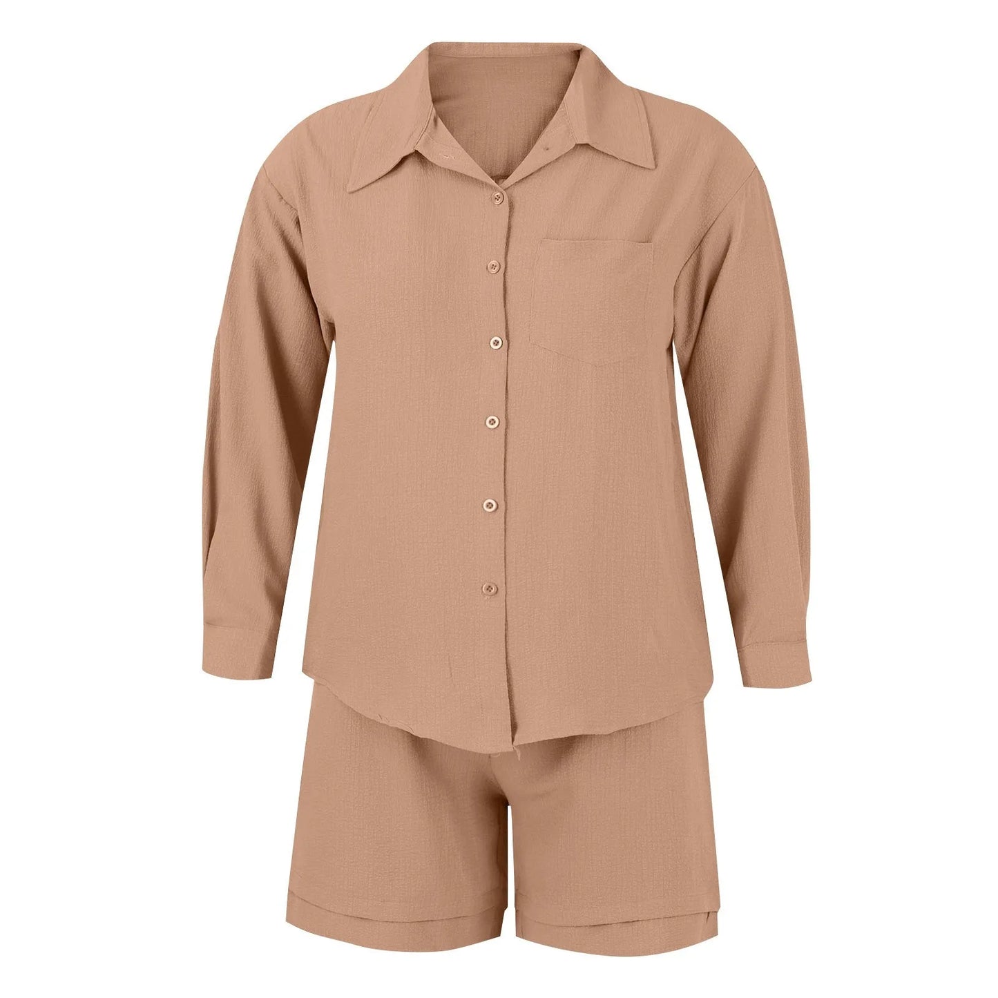 Summer Cotton Linen High Waist Shirt Shorts Women Turn Down Collar Long Sleeve Tops and Shorts Suit Cotton Casual Two Piece Sets