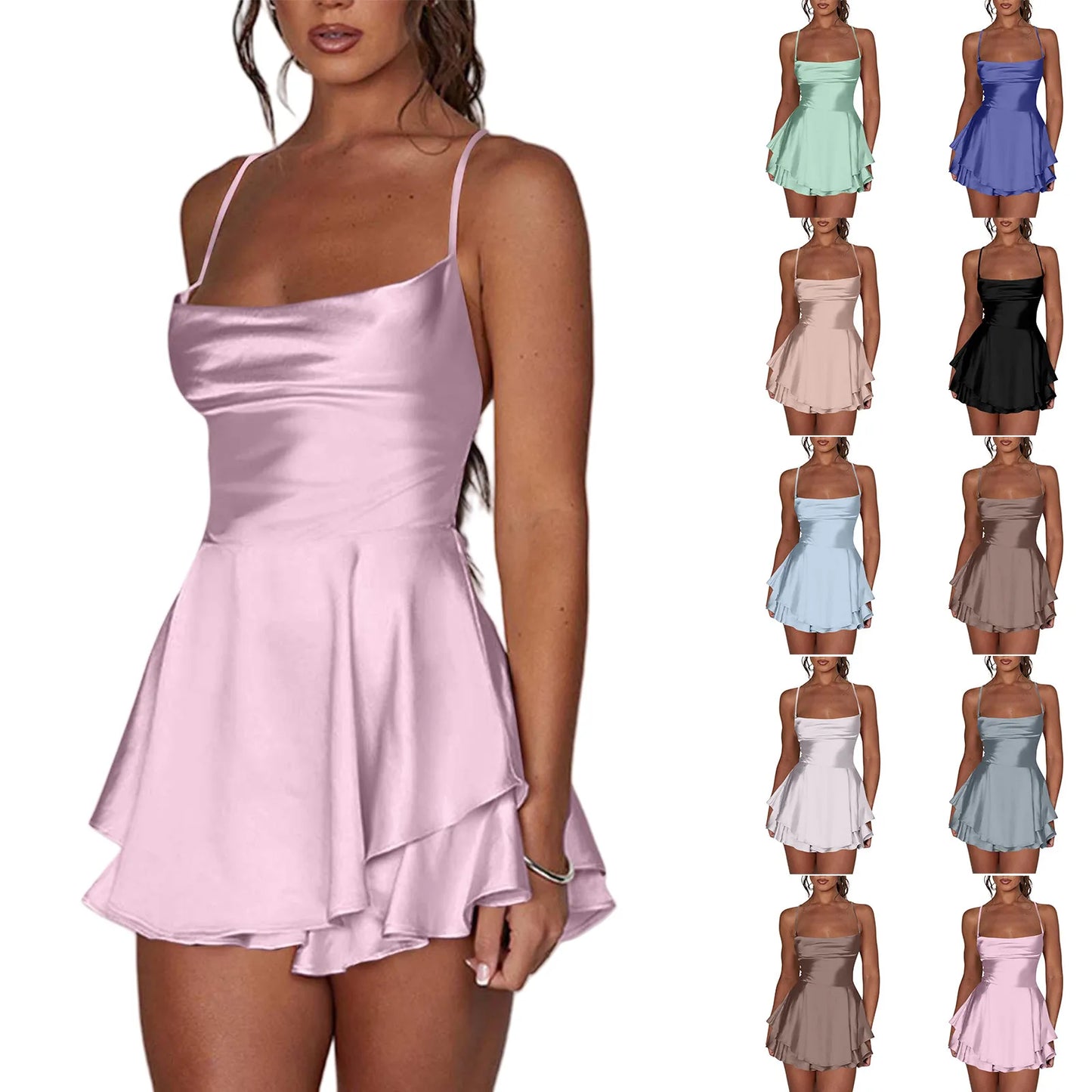 Ladies' Silk And Satin Elegant Sexy Slim Beautiful Backless Short Dress Cowl Neck Cross Spaghetti Strap Party Pleated Mini Skirt