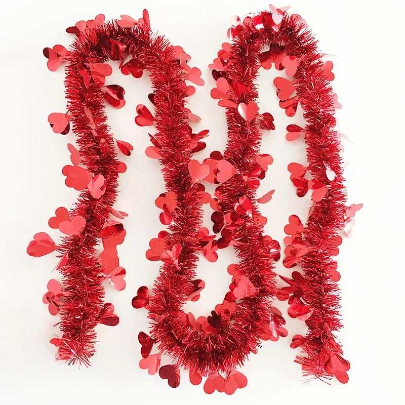 2 Valentine's Day Tinsel Garland Decoration Red Heart Tinsel Garland Shiny Hanging Metallic Tinsel Ornaments