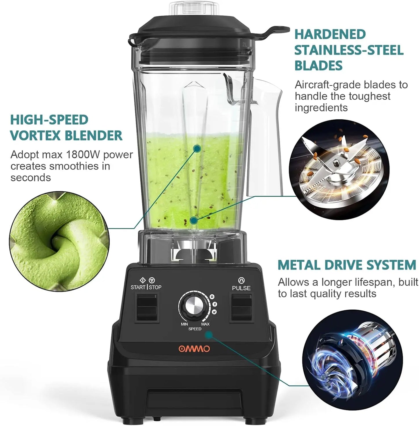 Blender 1800W, Professional High Speed Countertop Blender with Durable Stainless Steel Blades, 60oz BPA Free Blender for Shakes