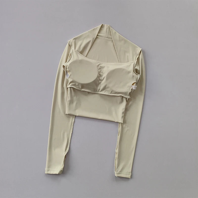 Fitness Chest Cushion Sports Top Women Long Sleeve Shirts Pra Speed Up Short Elegant Dance Yoga Clothes Small Waistband Gym