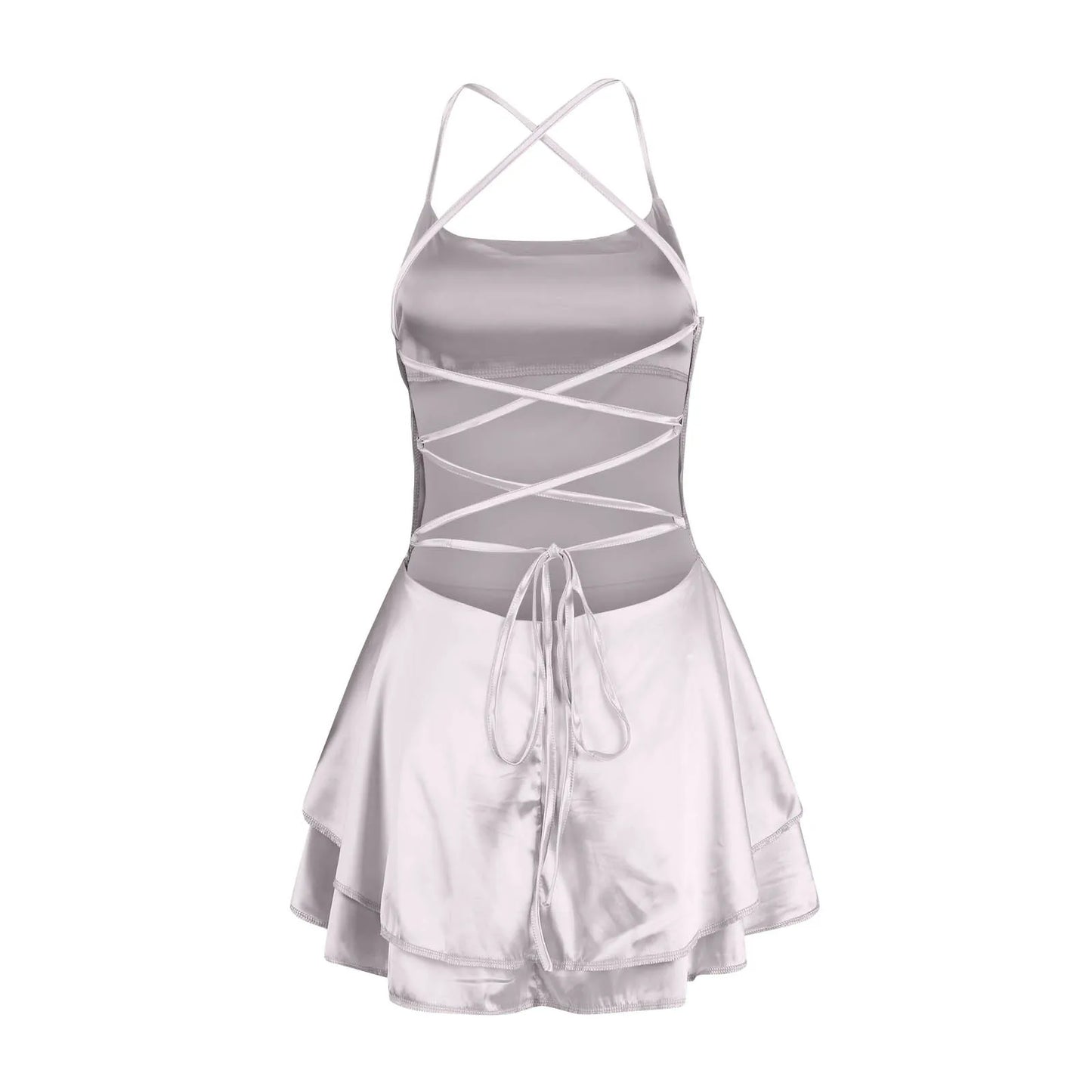 Ladies' Silk And Satin Elegant Sexy Slim Beautiful Backless Short Dress Cowl Neck Cross Spaghetti Strap Party Pleated Mini Skirt