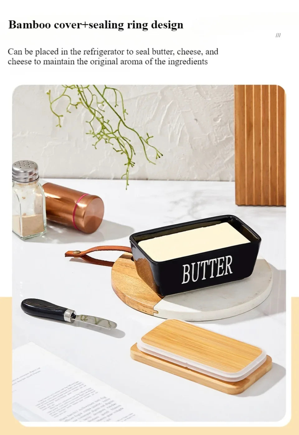 Ceramic Butter Container Box Restaurant Seal Storage Boxes Cheese Box with Knife Bamboo Lid Butters Slicer Butter Dish Tableware