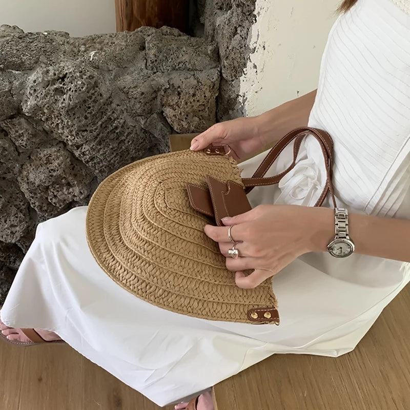 Round Straw Tote Bag Women Fashion Woven Bags Retro Hobo Boho Style Casual Shoulder Bags Summer Beach Bag Sac A Main
