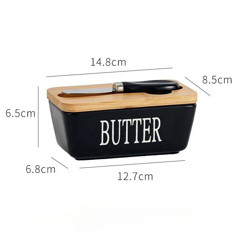 Ceramic Butter Container Box Restaurant Seal Storage Boxes Cheese Box with Knife Bamboo Lid Butters Slicer Butter Dish Tableware