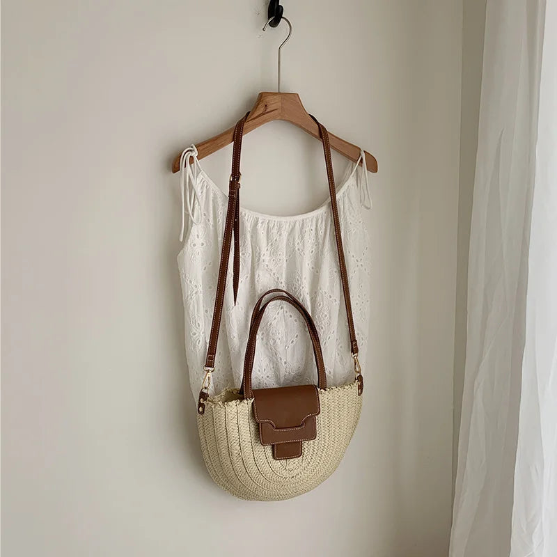Round Straw Tote Bag Women Fashion Woven Bags Retro Hobo Boho Style Casual Shoulder Bags Summer Beach Bag Sac A Main