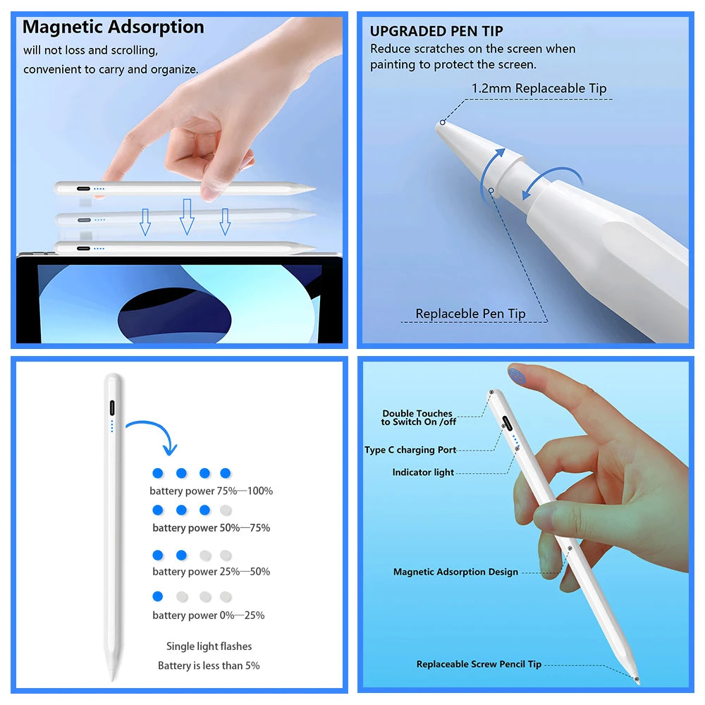 stylus Pen For Apple Pencil with LED Power Indicators Palm Rejection Touch Pencil for 2022 2021 2020 2019 2018 iPad pencil