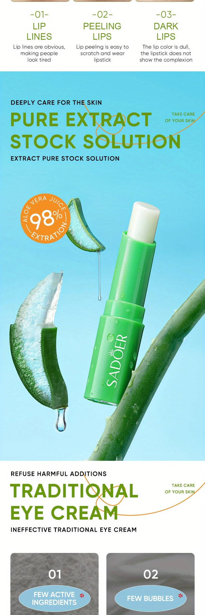 Bálsamo labial de aloe nutritivo, refrescante, hidratante e hidratante que previene grietas y reparar los labios suaves no irritantes