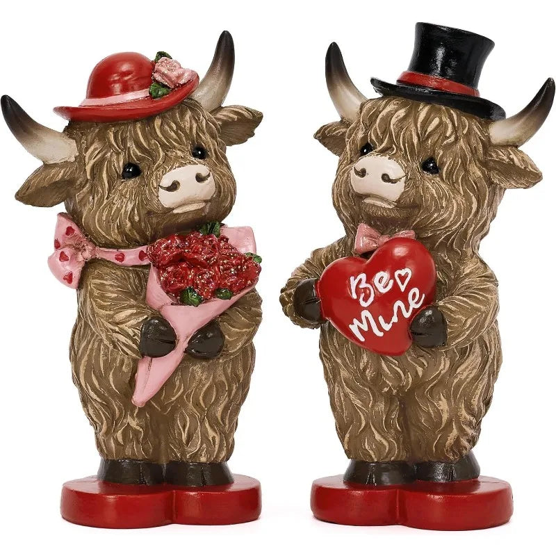 2Pcs Valentine's Day Highland Cow Decor, Cute Romantic Brown Calf Resin Handmade Figurines for Tiered Tray Table Home Decor