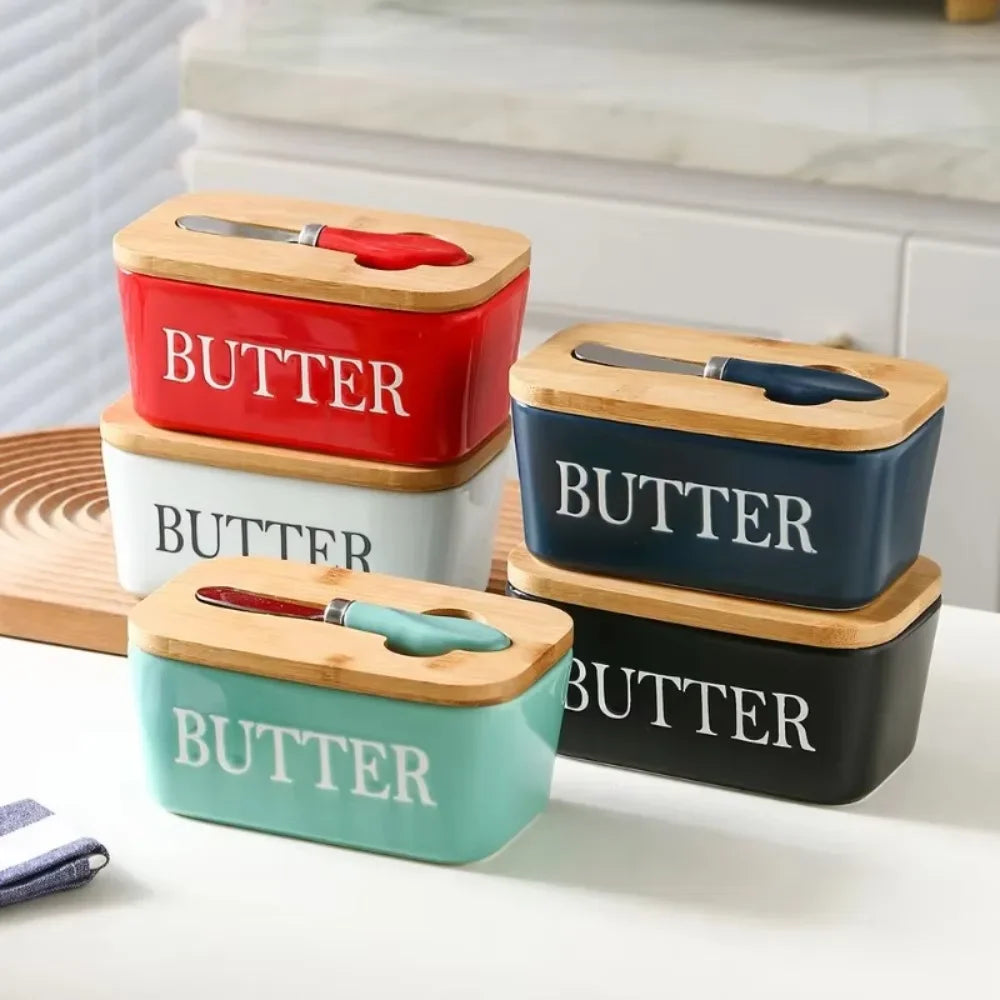 Ceramic Butter Container Box Restaurant Seal Storage Boxes Cheese Box with Knife Bamboo Lid Butters Slicer Butter Dish Tableware