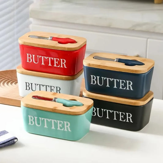 Ceramic Butter Container Box Restaurant Seal Storage Boxes Cheese Box with Knife Bamboo Lid Butters Slicer Butter Dish Tableware