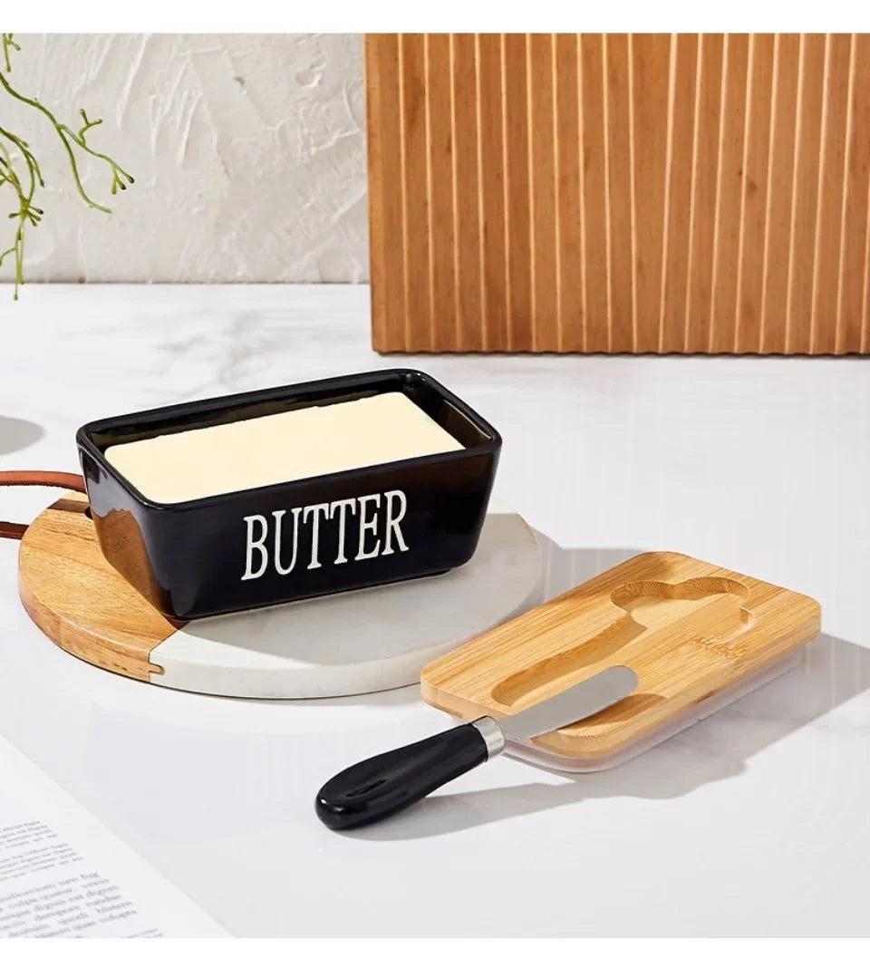 Ceramic Butter Container Box Restaurant Seal Storage Boxes Cheese Box with Knife Bamboo Lid Butters Slicer Butter Dish Tableware