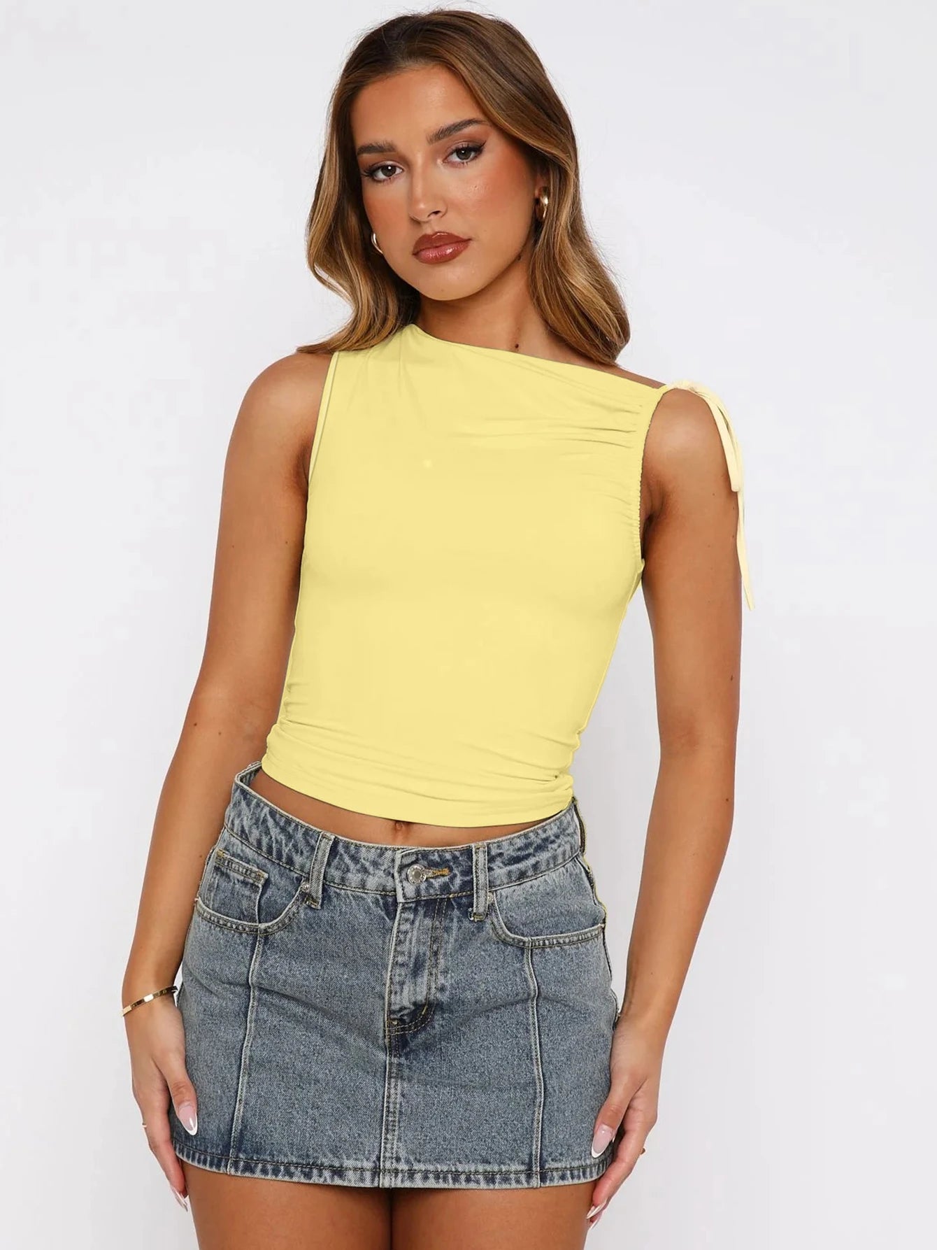 Dulzura Sleeveless Skew Collar Ruched Lace Up Bodycon Crop Top Sexy Elegant Casual Tank Party Club Streetwear Spring Summer