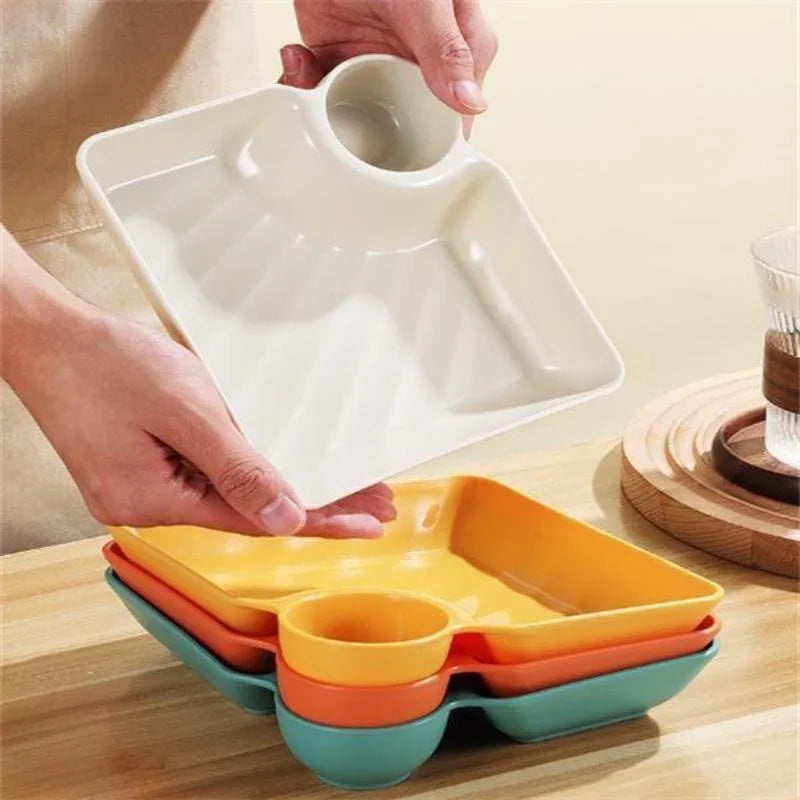 Chips and Dip Plates, Plastic Serving Platter Dumpling Plate with Dipping Saucer, Divided Snack Serving Dishes for Appetizer