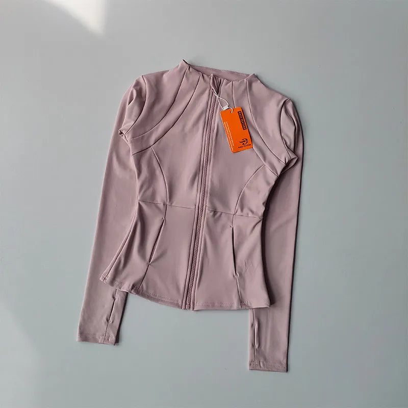 Chaqueta de manga larga para deportes al aire libre para mujer, ropa de Yoga delgada, cárdigan de secado rápido con cremallera, cuello alto, chaqueta para correr, Fitness, Top