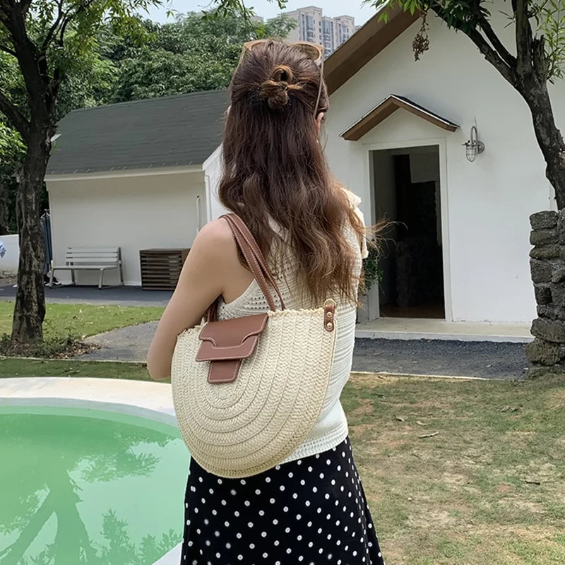 Round Straw Tote Bag Women Fashion Woven Bags Retro Hobo Boho Style Casual Shoulder Bags Summer Beach Bag Sac A Main