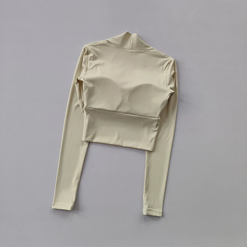 Fitness Chest Cushion Sports Top Women Long Sleeve Shirts Pra Speed Up Short Elegant Dance Yoga Clothes Small Waistband Gym