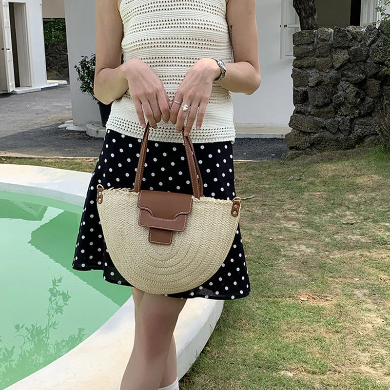 Round Straw Tote Bag Women Fashion Woven Bags Retro Hobo Boho Style Casual Shoulder Bags Summer Beach Bag Sac A Main