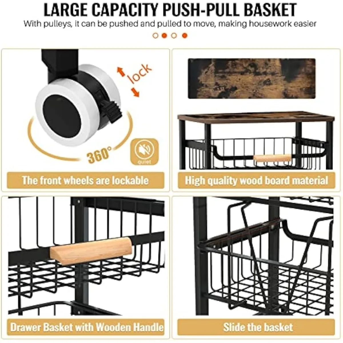 Storage Cart with Wheels, Large Capacity Kitchen Cart, Mobile Utility Cart with Wooden Tabletop