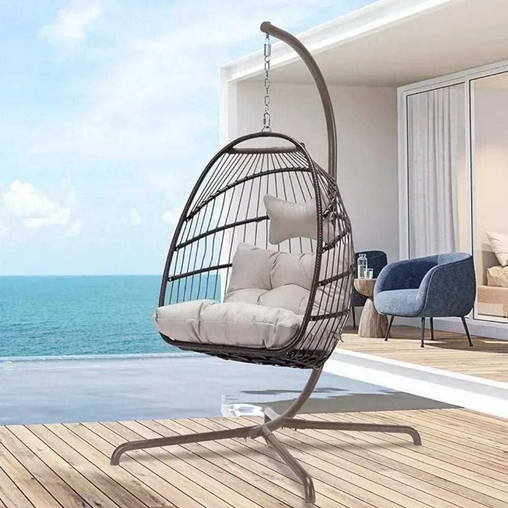 Swing Egg Chair with UV Resistant Cushions 350lbs Capacity, Stand Indoor Outdoor Wicker Rattan Patio Basket Hanging Chair