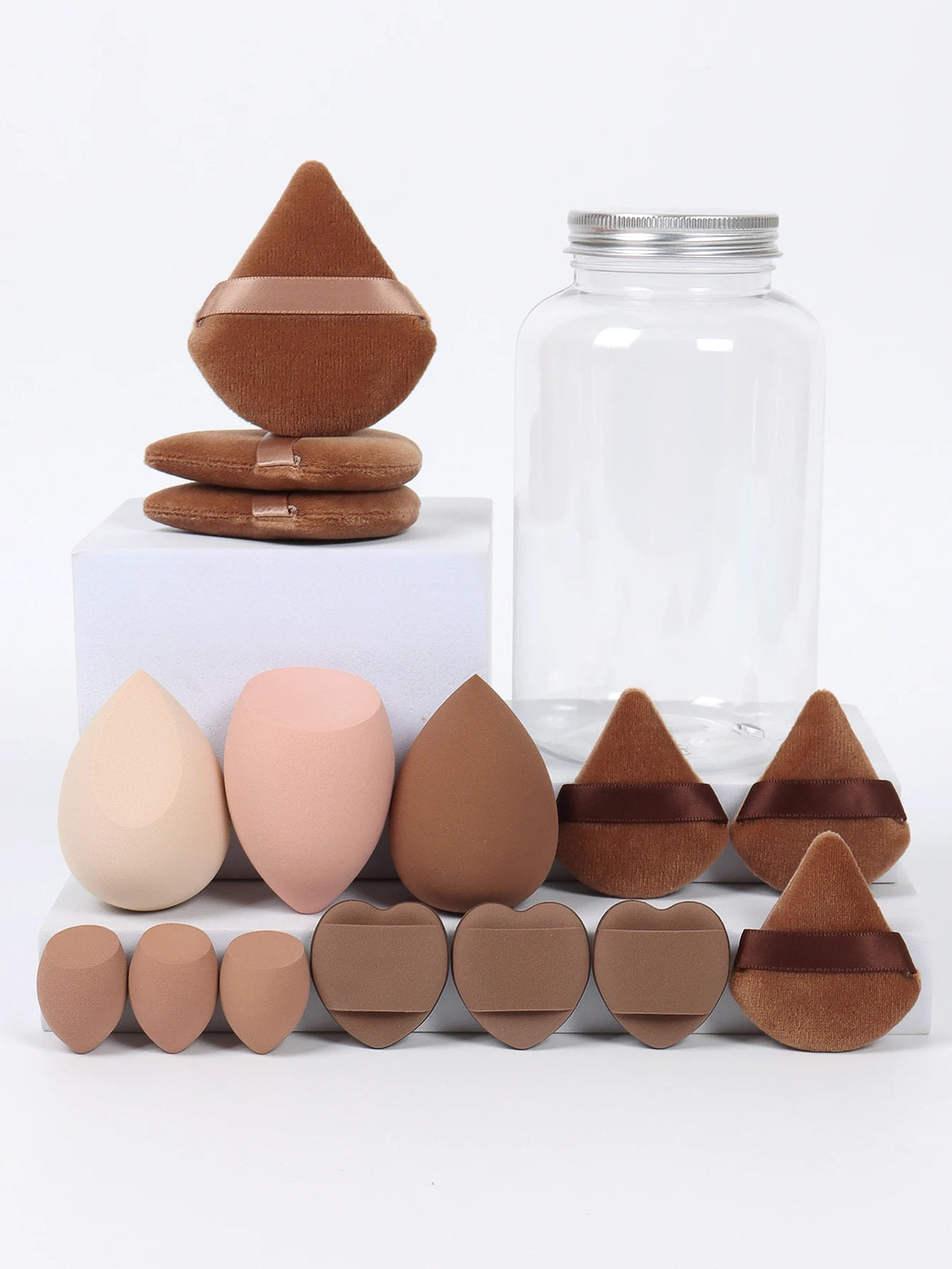 Primavera 15 latas, 3 esponjas para polvos sueltos y 3 mini esponjas para polvos sueltos y 3 mini huevos de maquillaje y 3 mini esponjas con cojín de aire, mezcla de bases