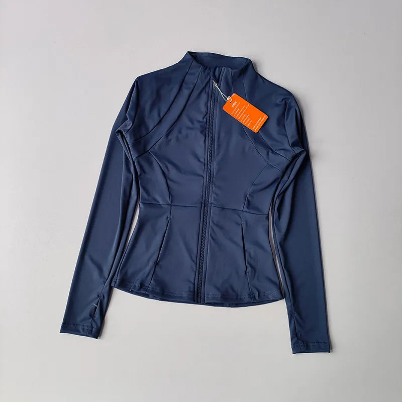 Chaqueta de manga larga para deportes al aire libre para mujer, ropa de Yoga delgada, cárdigan de secado rápido con cremallera, cuello alto, chaqueta para correr, Fitness, Top