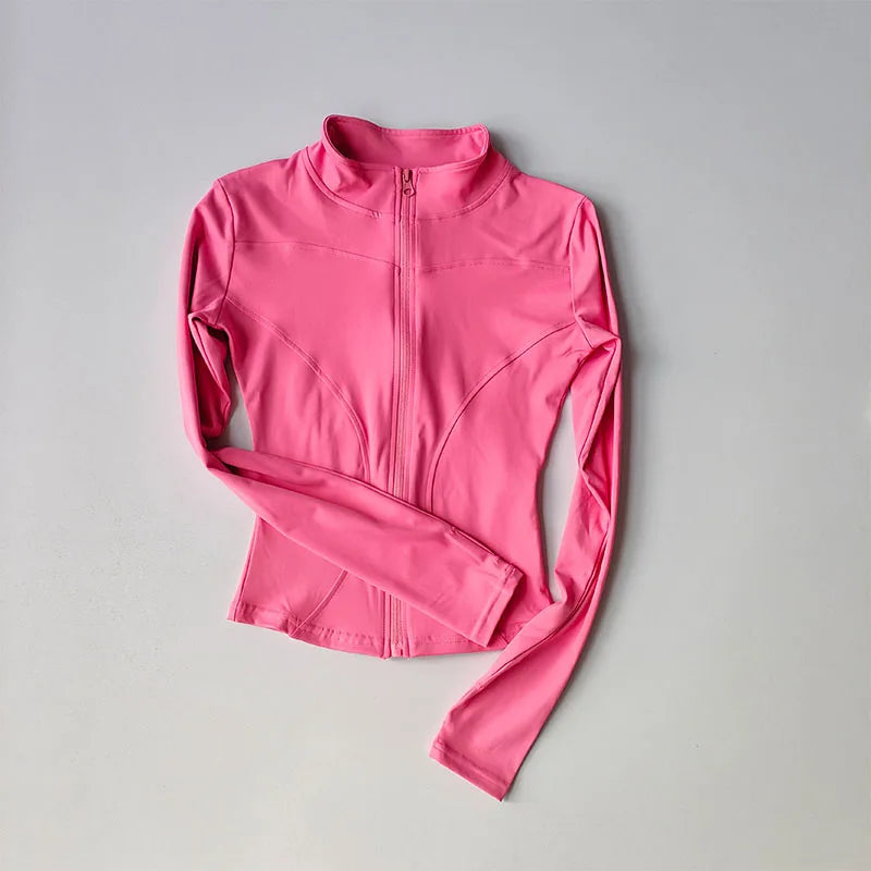 Chaqueta de manga larga para deportes al aire libre para mujer, ropa de Yoga delgada, cárdigan de secado rápido con cremallera, cuello alto, chaqueta para correr, Fitness, Top