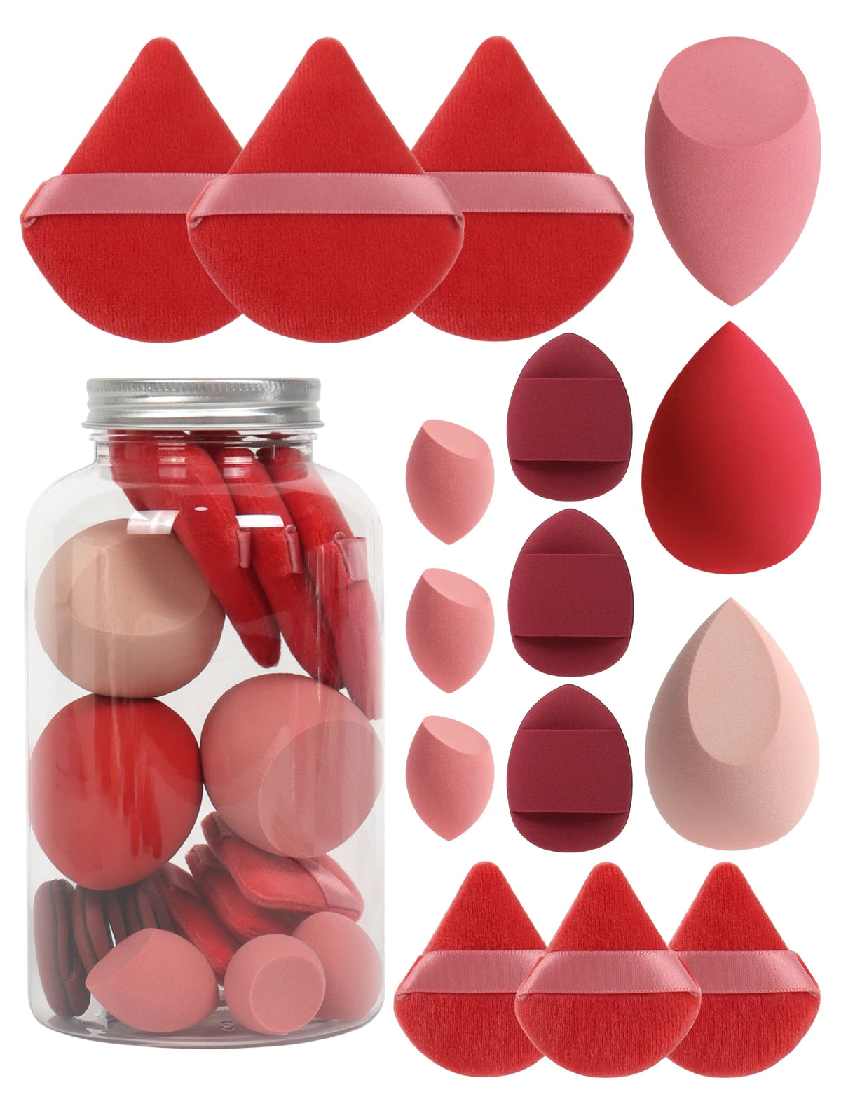 Primavera 15 latas, 3 esponjas para polvos sueltos y 3 mini esponjas para polvos sueltos y 3 mini huevos de maquillaje y 3 mini esponjas con cojín de aire, mezcla de bases
