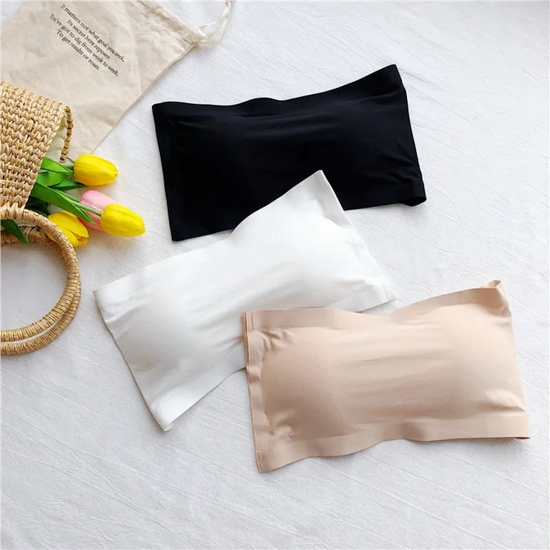 Ice Silk Strapless Bra Girls Seamless Crop Tube Top Bralette for Women Sexy Soft Bras Large Size Bustier Tops Summer Underwear