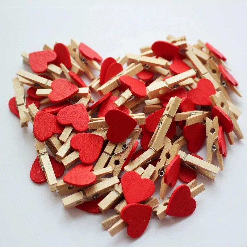 30x4mm 50pcs Wooden Colored Love Heart Photo Clip Memo Paper Peg Clothespin Stationery Valentine's Day Wedding Party Craft Decor