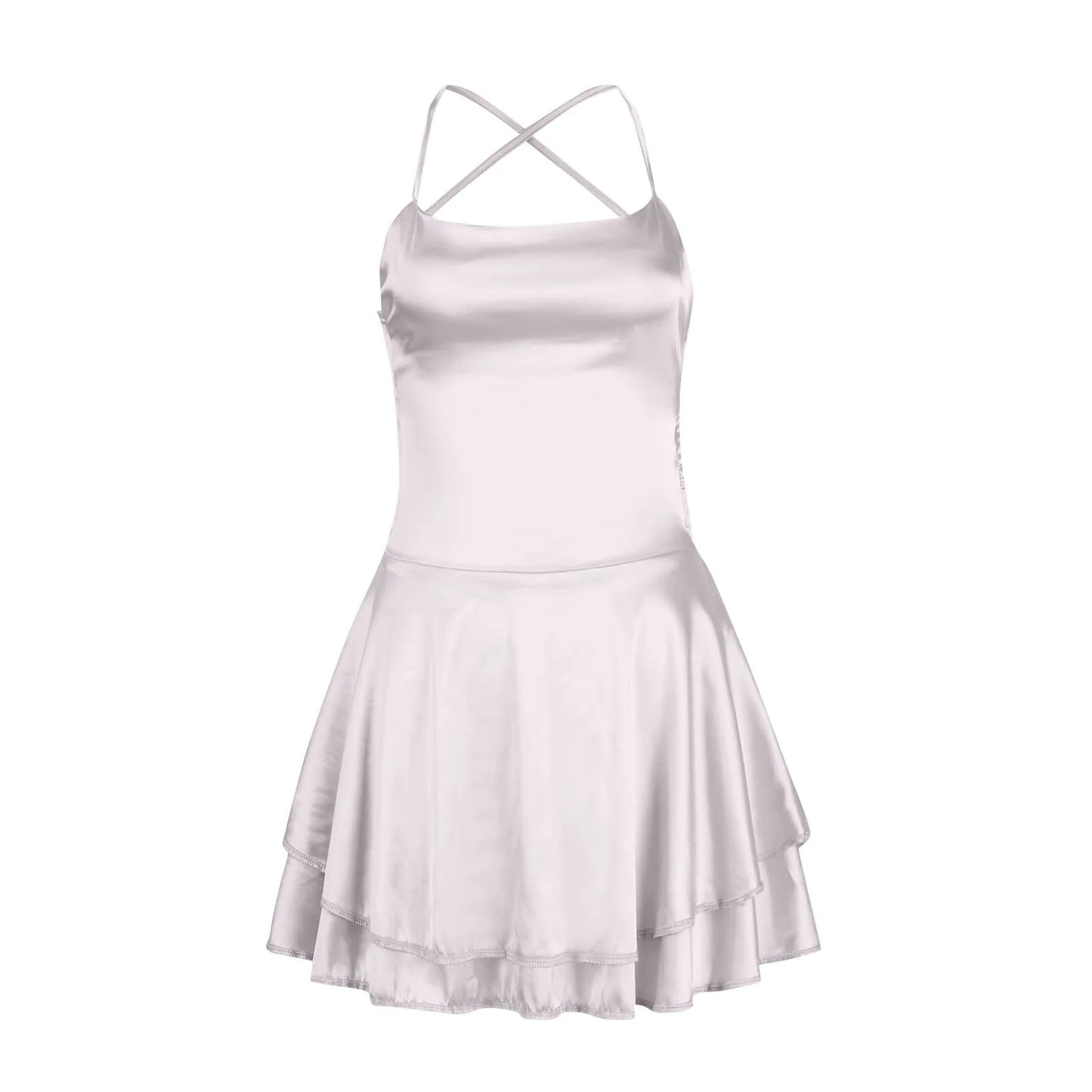 Ladies' Silk And Satin Elegant Sexy Slim Beautiful Backless Short Dress Cowl Neck Cross Spaghetti Strap Party Pleated Mini Skirt